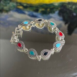 Silver Bracelet with Red, Blue, and Turquoise Accents